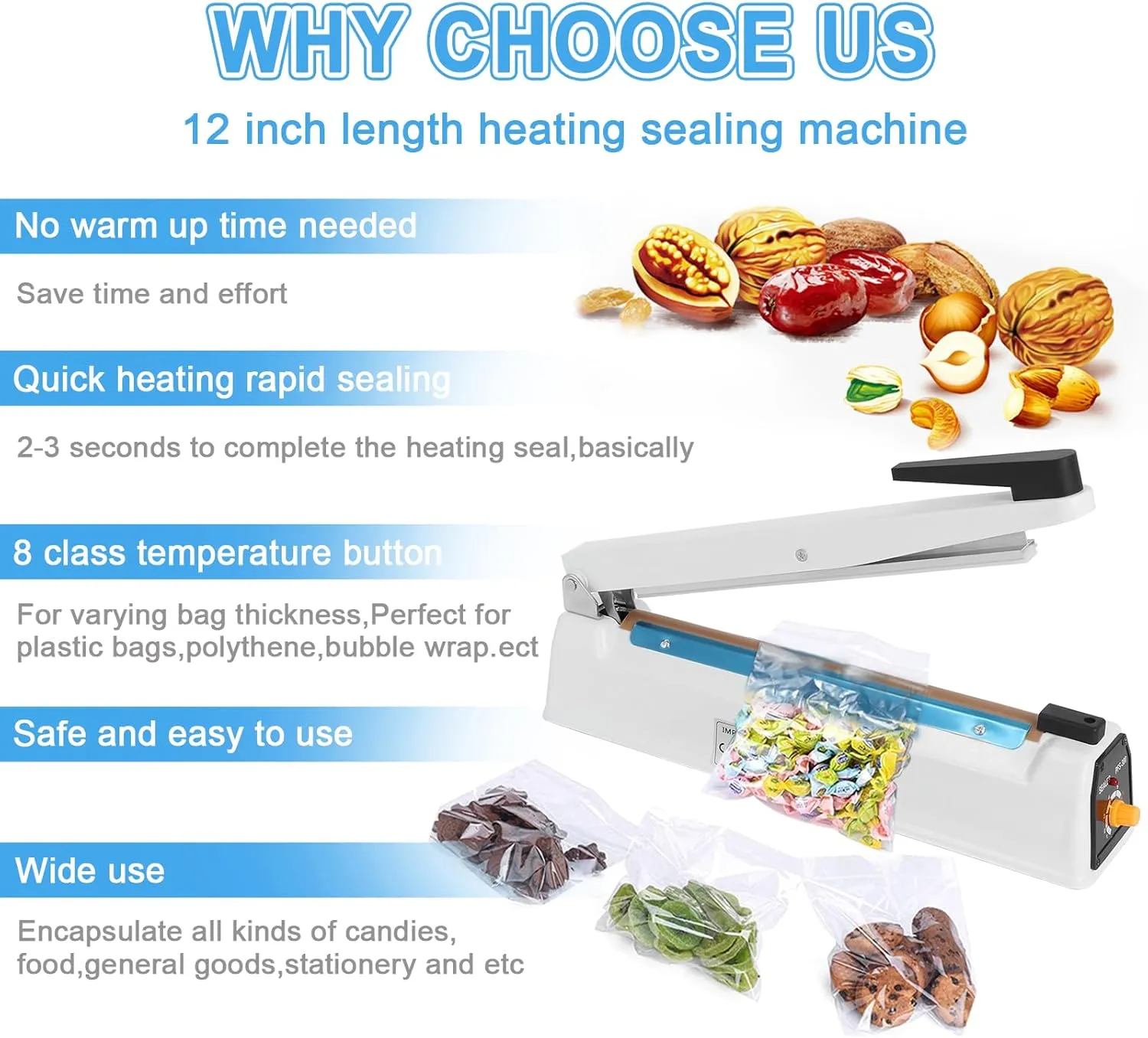 𝐈𝐫𝐨𝐧 Bag Sealer Heat Seal Machine, 12 Inch Impulse Heat Sealer Machine for Cookies Mylar Bags Plastic Bag With Extra Replace Element Grip,White(400W)