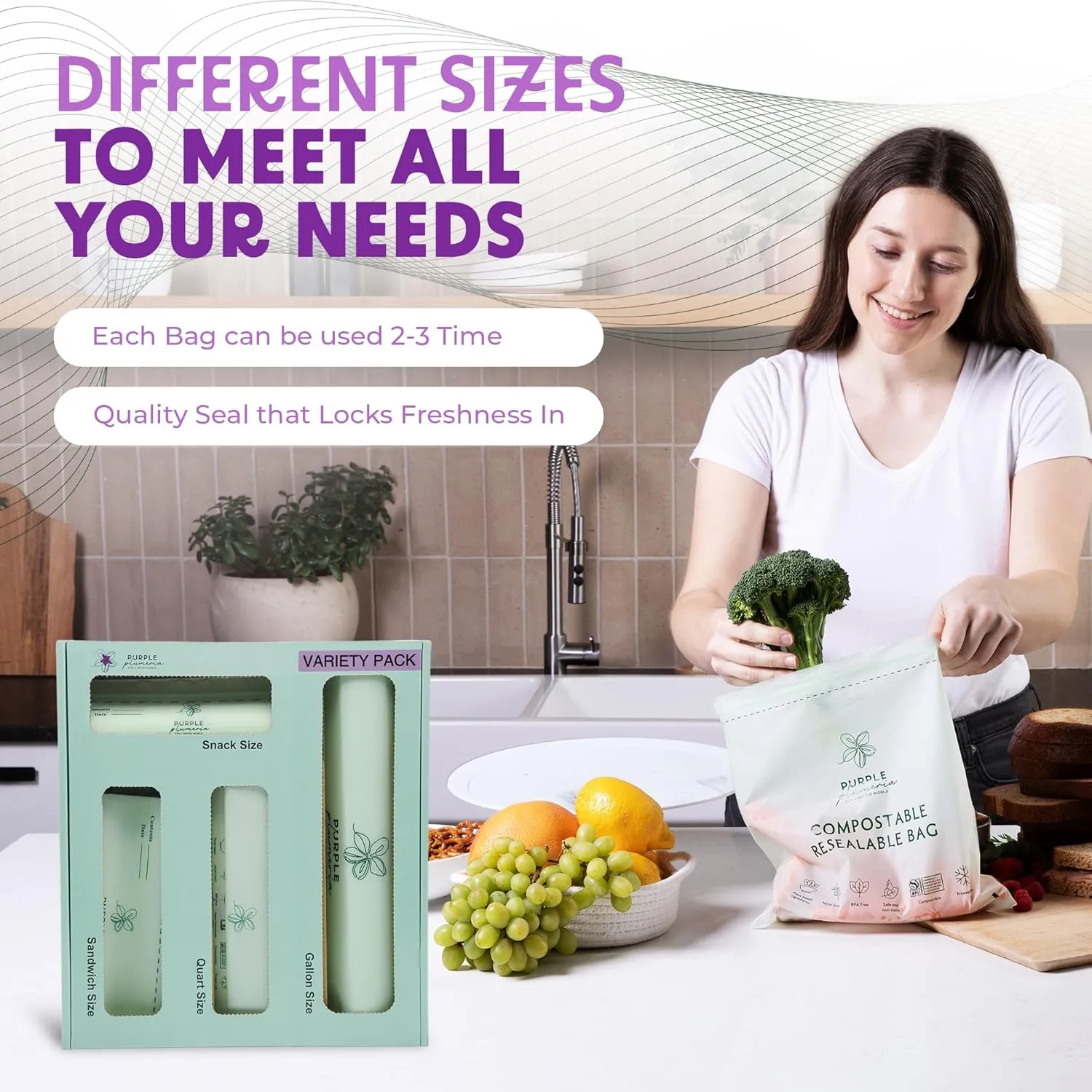 100% Certified Compostable kitchen Bags 230 Count, Resealable BioBased, Leak Proof, Freezer safe, 80 Snack, 80 Sandwich, 50 Quart, 20 Gallon Bags (Variety Pack)