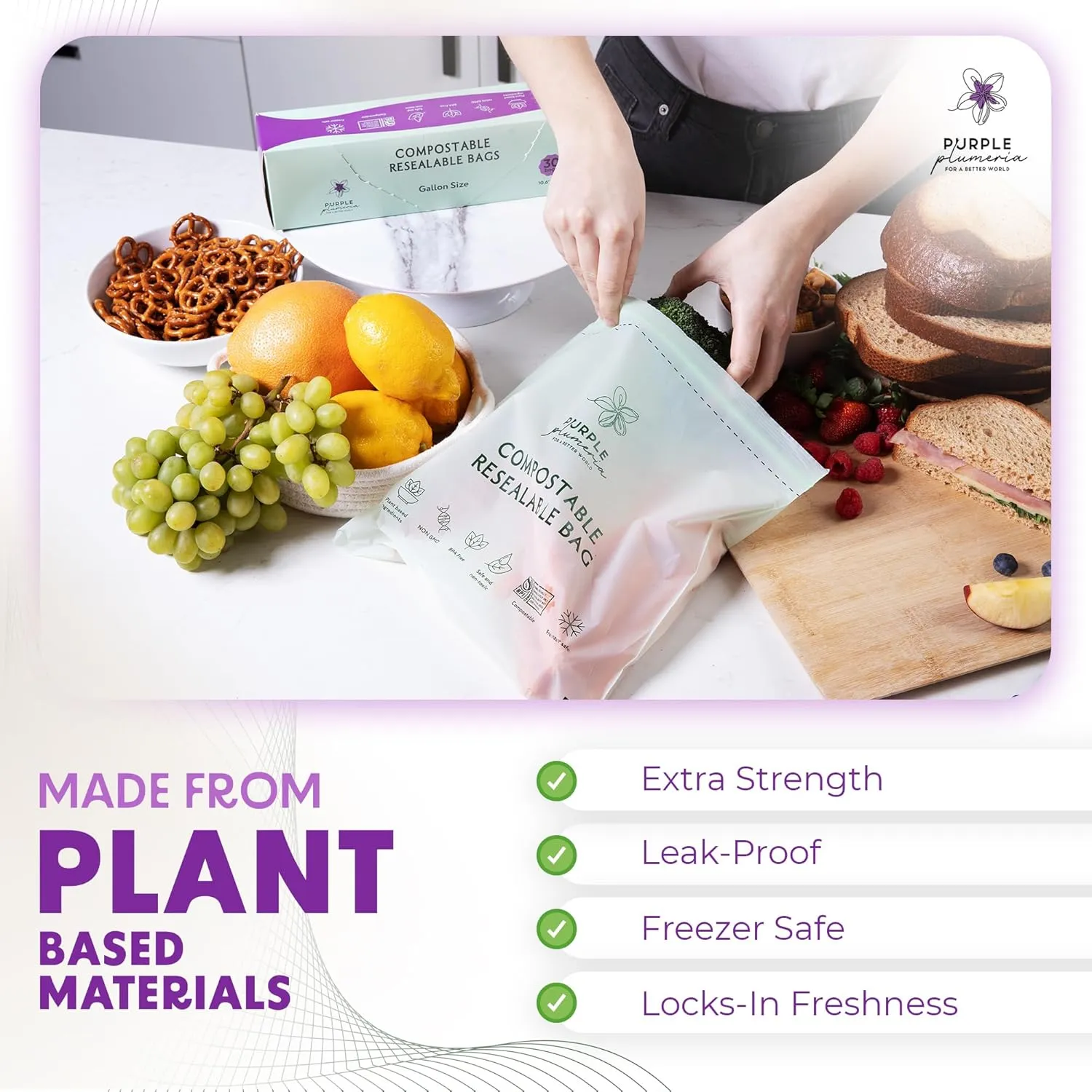 100% Certified Compostable kitchen Bags 230 Count, Resealable BioBased, Leak Proof, Freezer safe, 80 Snack, 80 Sandwich, 50 Quart, 20 Gallon Bags (Variety Pack)