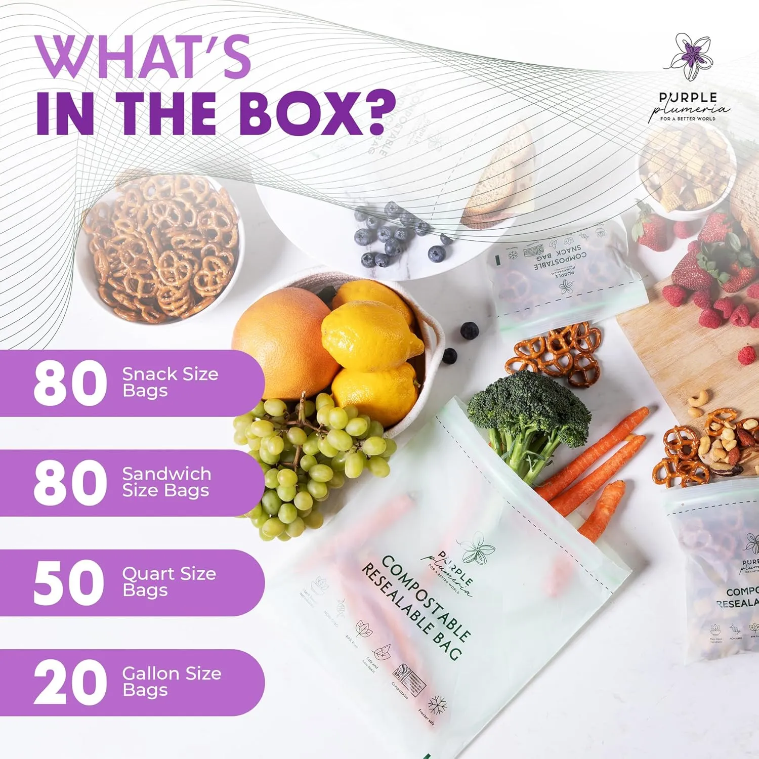 100% Certified Compostable kitchen Bags 230 Count, Resealable BioBased, Leak Proof, Freezer safe, 80 Snack, 80 Sandwich, 50 Quart, 20 Gallon Bags (Variety Pack)