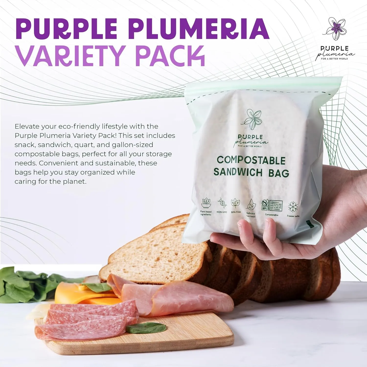 100% Certified Compostable kitchen Bags 230 Count, Resealable BioBased, Leak Proof, Freezer safe, 80 Snack, 80 Sandwich, 50 Quart, 20 Gallon Bags (Variety Pack)