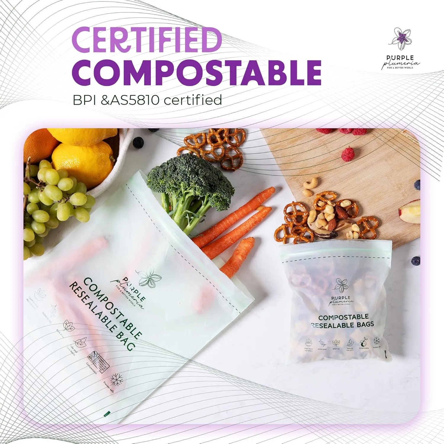 100% Certified Compostable kitchen Bags 230 Count, Resealable BioBased, Leak Proof, Freezer safe, 80 Snack, 80 Sandwich, 50 Quart, 20 Gallon Bags (Variety Pack)