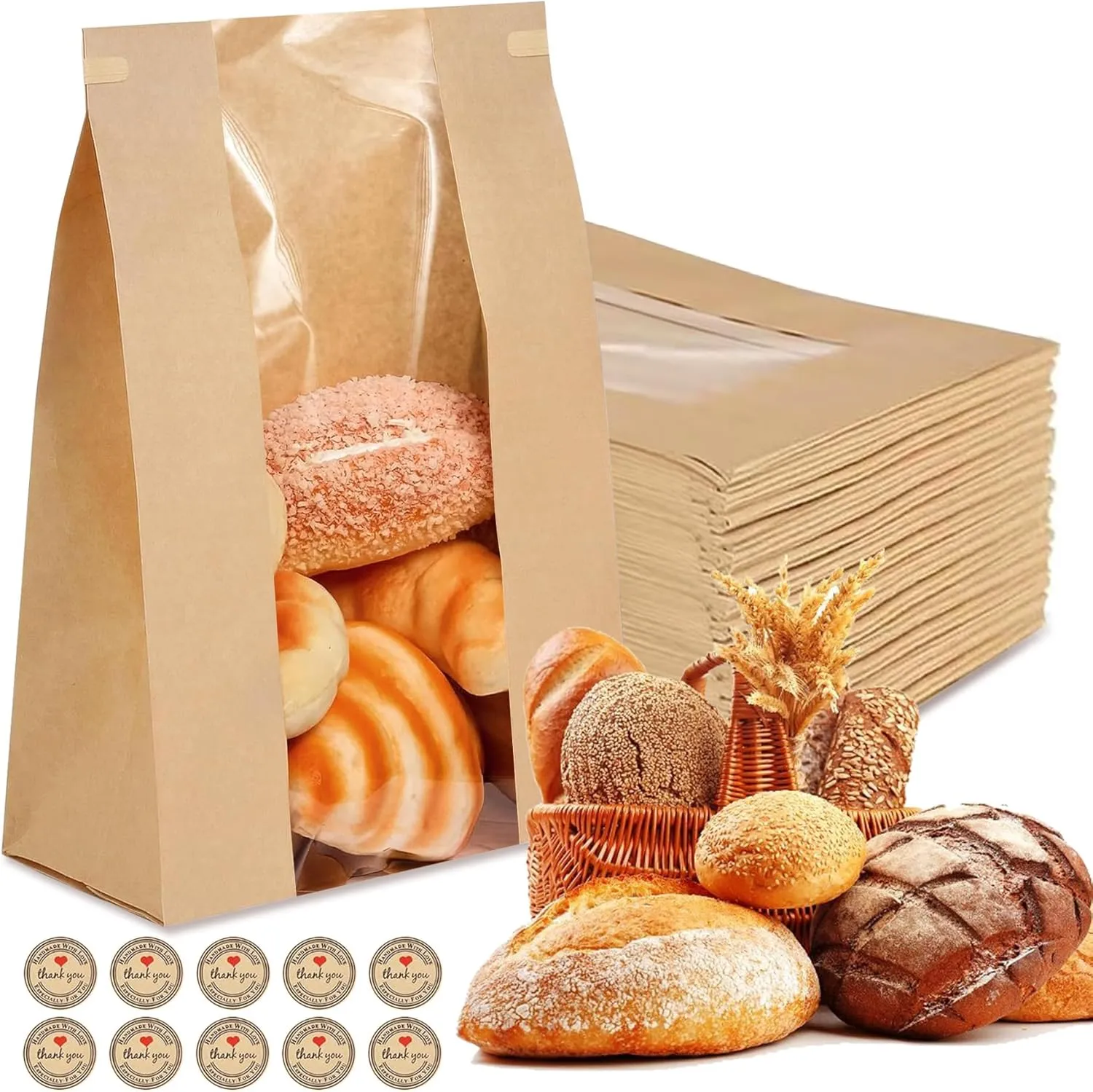 100 Pack Paper Bread Bags for Homemade Bread 14x8.3x3.5 Inches Sourdough Bags with Tin Tie Tab Lock Clear Front Window Large Kraft Bakery Bag, 100 PCS Sealing Stickers