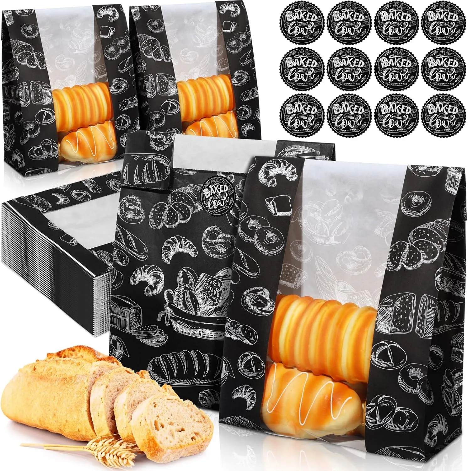 100 Packs Paper Bread Bags for Homemade Bread Sourdough 13.8 x 8.3 x 3.5 Inches Kraft Paper Bakery Bag with Window Label Seal Sticker for Baked Food Packaging Storage(Black)
