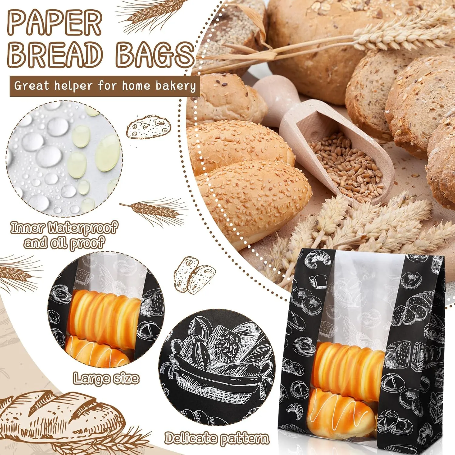 100 Packs Paper Bread Bags for Homemade Bread Sourdough 13.8 x 8.3 x 3.5 Inches Kraft Paper Bakery Bag with Window Label Seal Sticker for Baked Food Packaging Storage(Black)