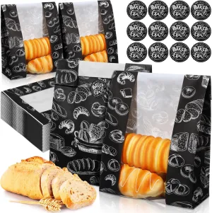 100 Packs Paper Bread Bags for Homemade Bread Sourdough 13.8 x 8.3 x 3.5 Inches Kraft Paper Bakery Bag with Window Label Seal Sticker for Baked Food Packaging Storage(Black)