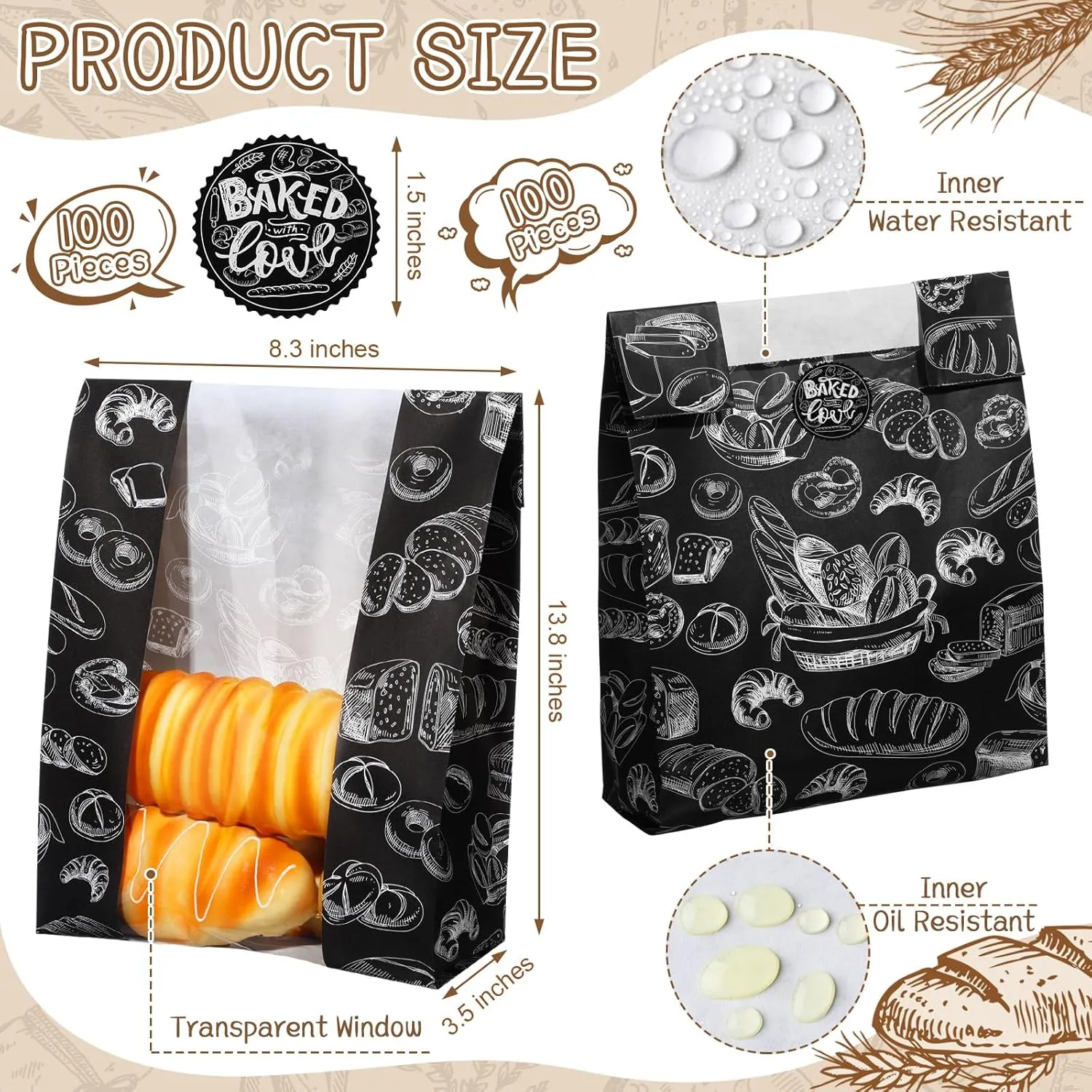 100 Packs Paper Bread Bags for Homemade Bread Sourdough 13.8 x 8.3 x 3.5 Inches Kraft Paper Bakery Bag with Window Label Seal Sticker for Baked Food Packaging Storage(Black)