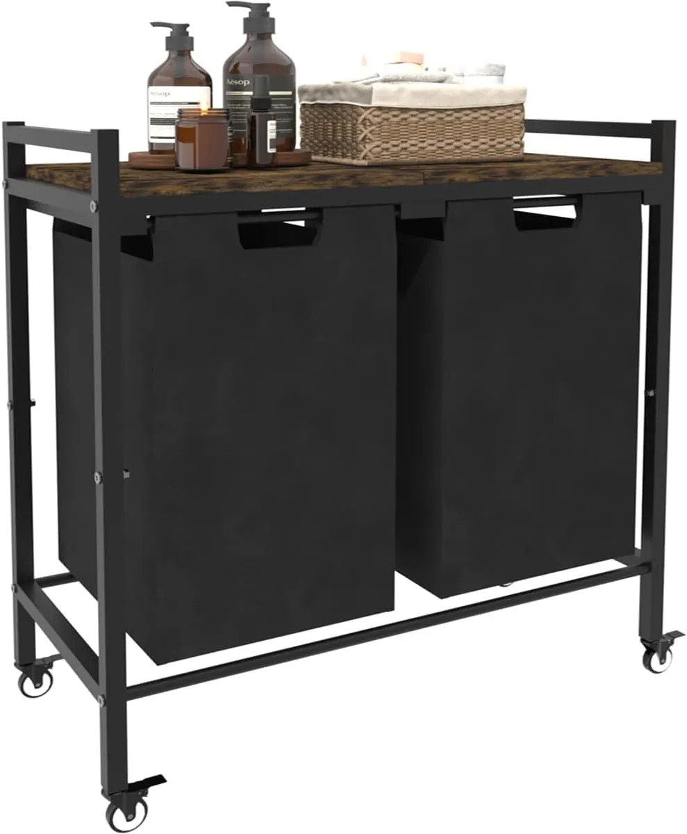 12 x 2 Gal Large Laundry Hamper with Wheels, 2 Pull-Out & Removable Sorter Bags, Freestanding Clothes Basket Organizer for Clothing or Toys in Bathroom and Living Room, Rustic Brown and Black