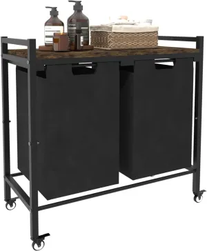 12 x 2 Gal Large Laundry Hamper with Wheels, 2 Pull-Out & Removable Sorter Bags, Freestanding Clothes Basket Organizer for Clothing or Toys in Bathroom and Living Room, Rustic Brown and Black