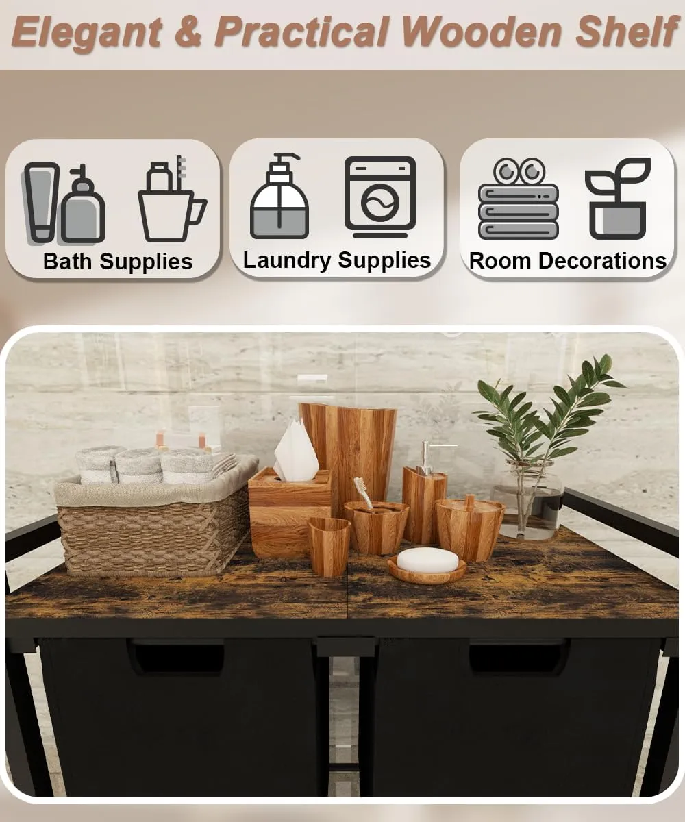 12 x 2 Gal Large Laundry Hamper with Wheels, 2 Pull-Out & Removable Sorter Bags, Freestanding Clothes Basket Organizer for Clothing or Toys in Bathroom and Living Room, Rustic Brown and Black