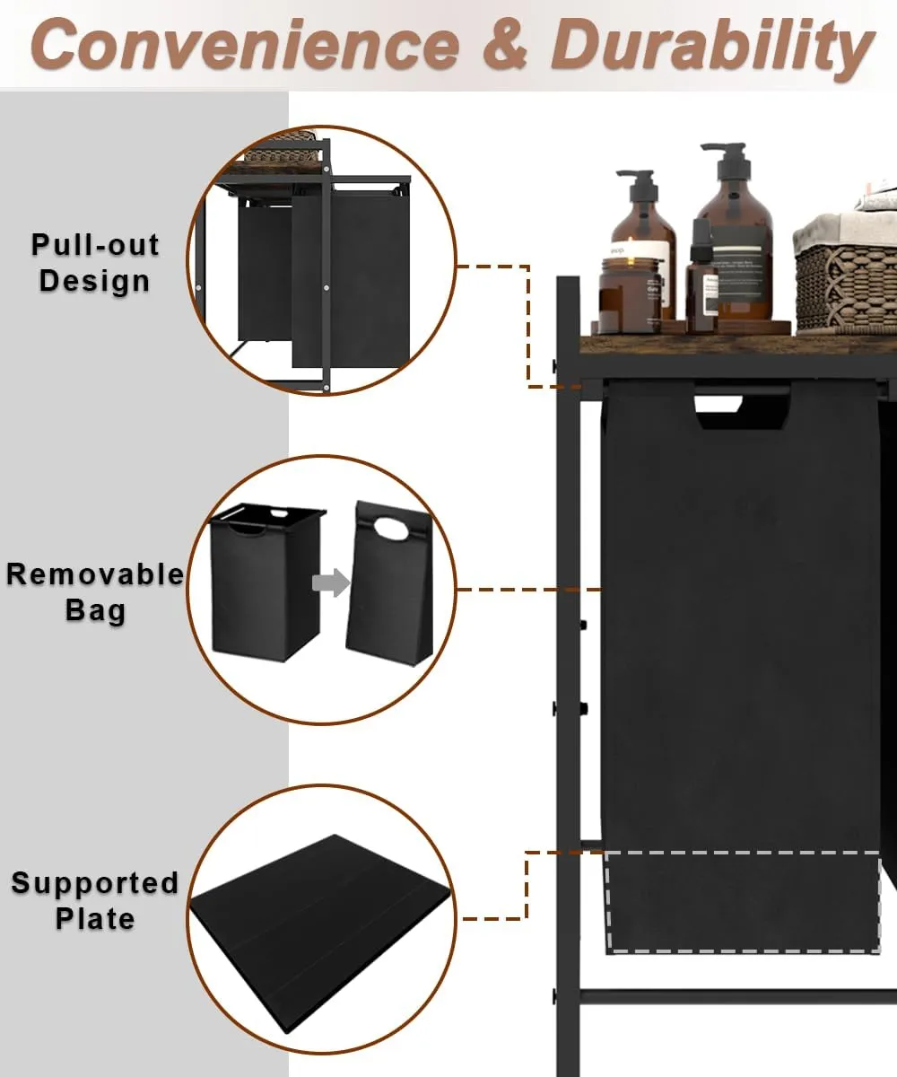 12 x 2 Gal Large Laundry Hamper with Wheels, 2 Pull-Out & Removable Sorter Bags, Freestanding Clothes Basket Organizer for Clothing or Toys in Bathroom and Living Room, Rustic Brown and Black
