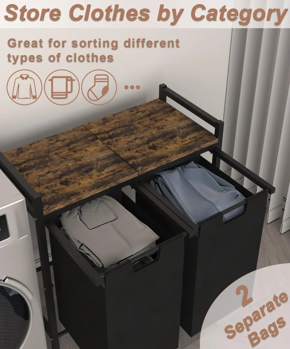 12 x 2 Gal Large Laundry Hamper with Wheels, 2 Pull-Out & Removable Sorter Bags, Freestanding Clothes Basket Organizer for Clothing or Toys in Bathroom and Living Room, Rustic Brown and Black