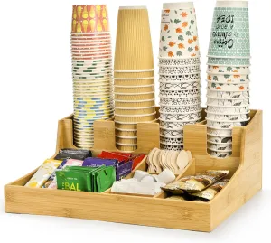 13-Compartment Bamboo Coffee Organizer for Pods Syrup Cup Storage, Heavy Duty Coffee Station & Bar Accessories, Non-Slip Countertop Organizer Kitchen Office Essentials