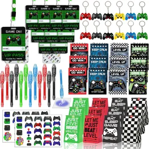 146 Pcs Video Game Party Favors, Gamer Party Favor -Ink Pen Notebook VIP Passes with Lanyards Slap Bracelets Keychains Bags Tattoo Stickers for Kids Gaming Party Favors Game On Birthday Partys Favor
