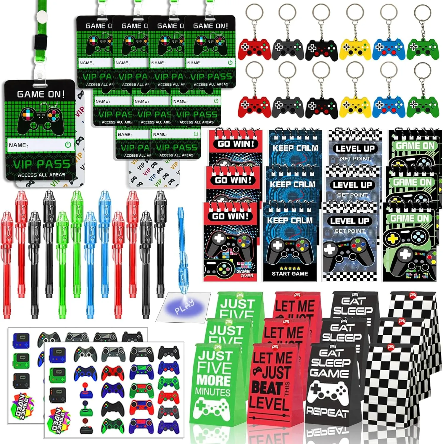 146 Pcs Video Game Party Favors, Gamer Party Favor -Ink Pen Notebook VIP Passes with Lanyards Slap Bracelets Keychains Bags Tattoo Stickers for Kids Gaming Party Favors Game On Birthday Partys Favor