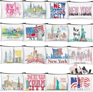 16 Pcs New York Cosmetic Bag Souvenir Gifts Makeup Bag Travel Vacation Zipper Pouch Purse for Women Birthday Trip Gifts Party Favors