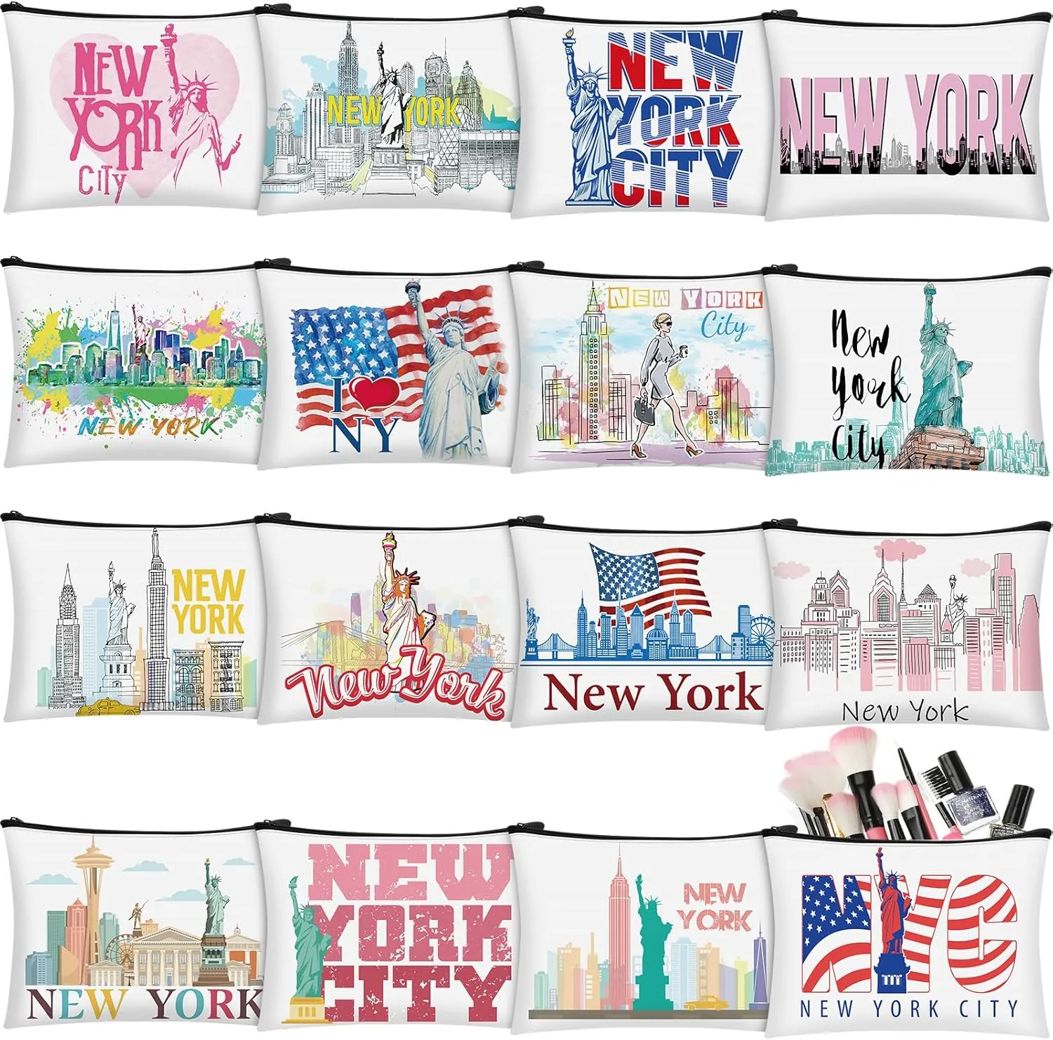 16 Pcs New York Cosmetic Bag Souvenir Gifts Makeup Bag Travel Vacation Zipper Pouch Purse for Women Birthday Trip Gifts Party Favors