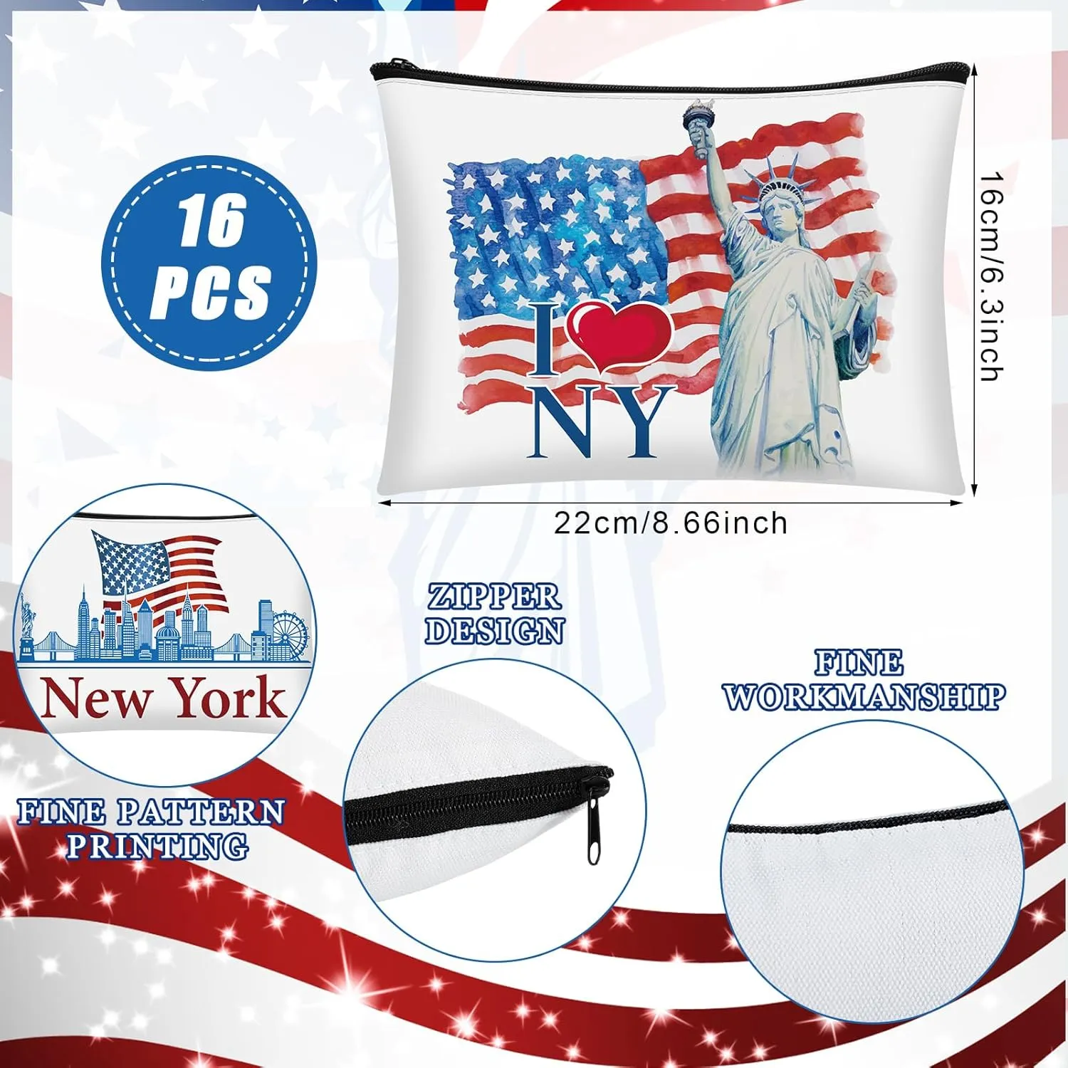 16 Pcs New York Cosmetic Bag Souvenir Gifts Makeup Bag Travel Vacation Zipper Pouch Purse for Women Birthday Trip Gifts Party Favors