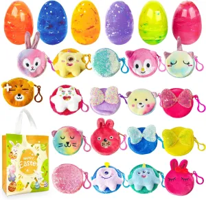 18 PCS Colorful Marble Easter Eggs with Cute Purse, Plush Cartoon Purse Easter Gifts for Girls Kids Toddlers Easter Toys Easter Eggs Basket Stuffers, Easter Party Favors Supplies