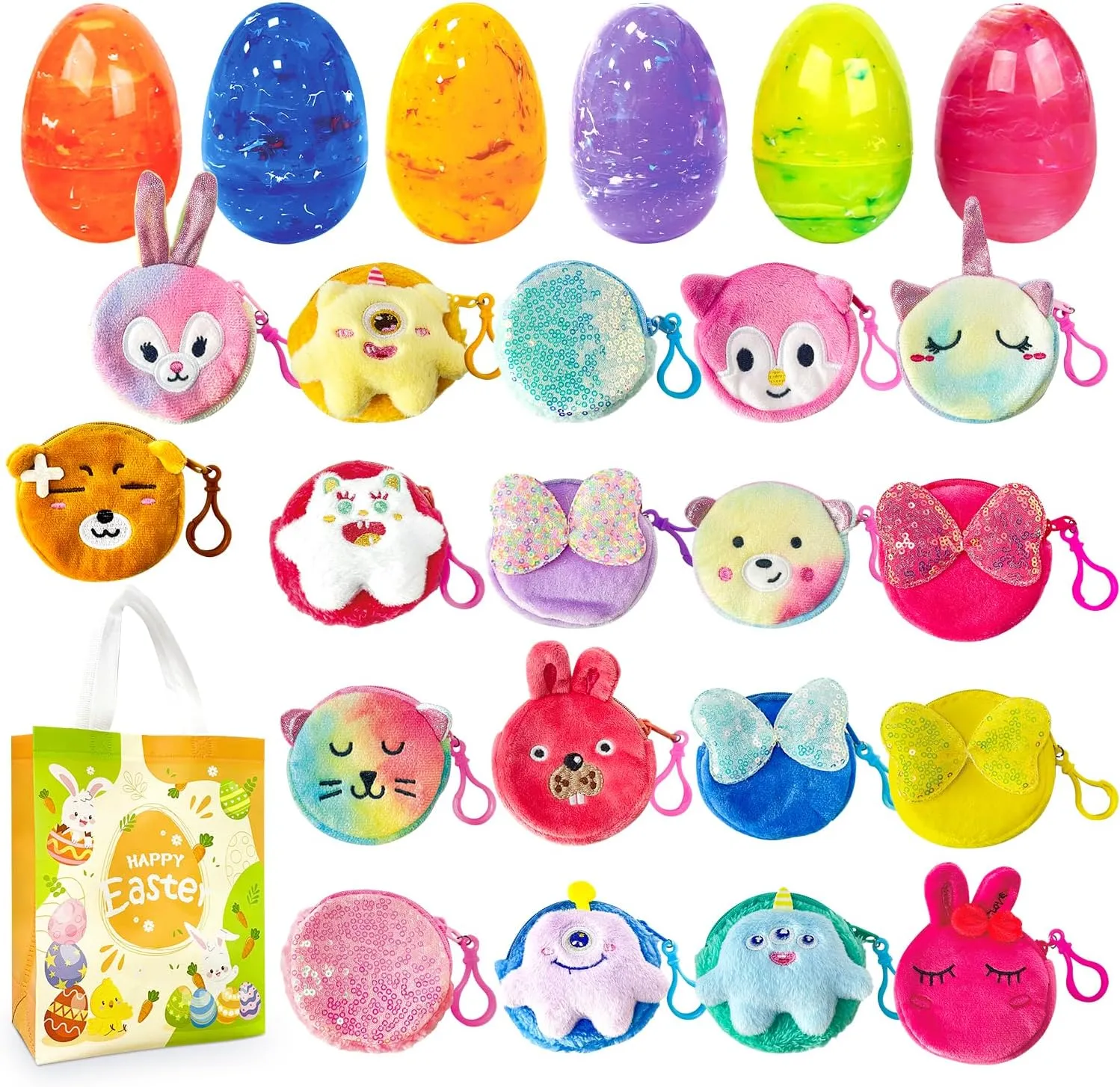 18 PCS Colorful Marble Easter Eggs with Cute Purse, Plush Cartoon Purse Easter Gifts for Girls Kids Toddlers Easter Toys Easter Eggs Basket Stuffers, Easter Party Favors Supplies