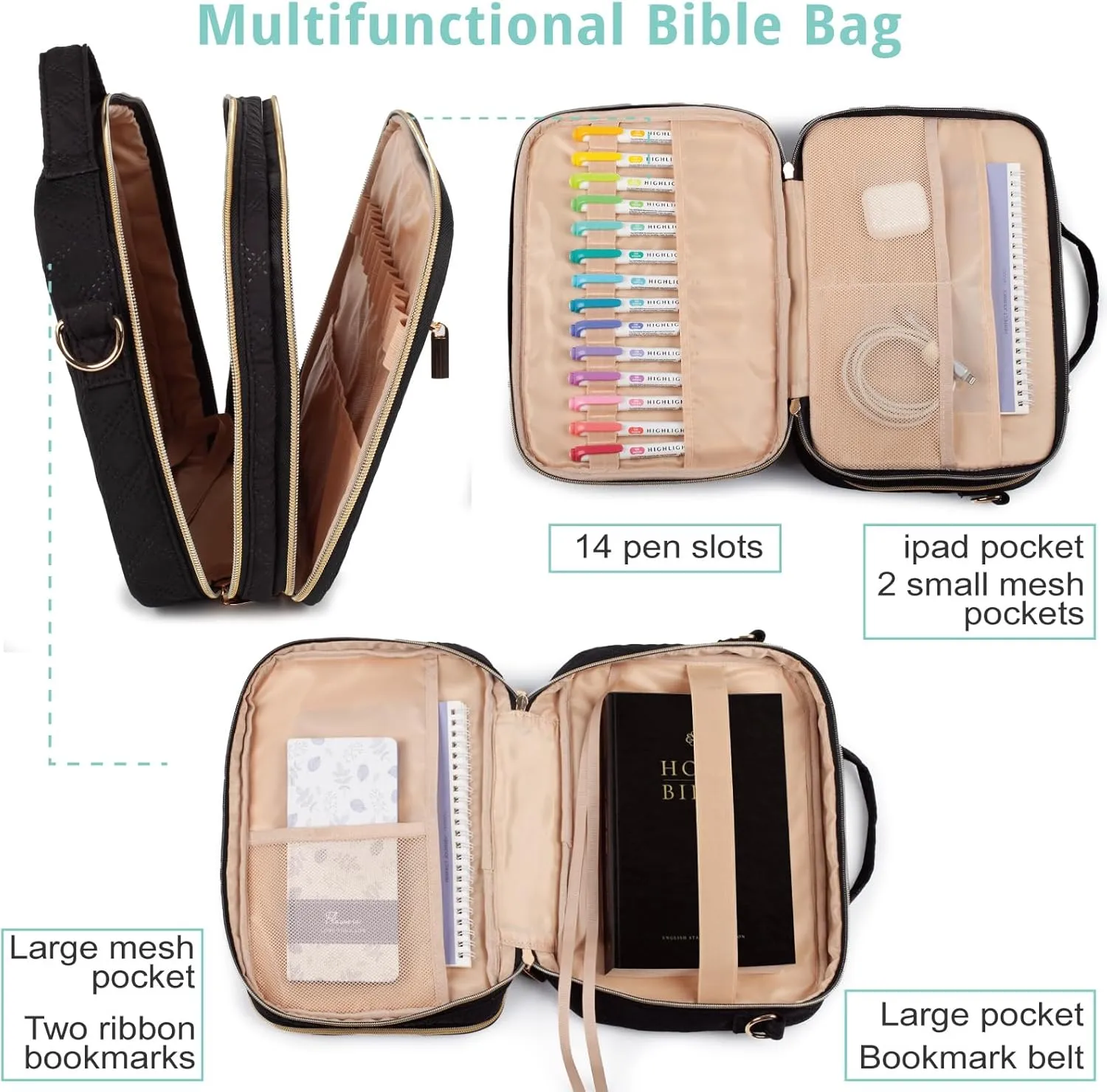 2 Compartment Bible Cover for Women,Large Bible Case with Handles Shoulder Strap,Carrying Bible Bag Scripture Case Church Bag Bible Protective with Pocket