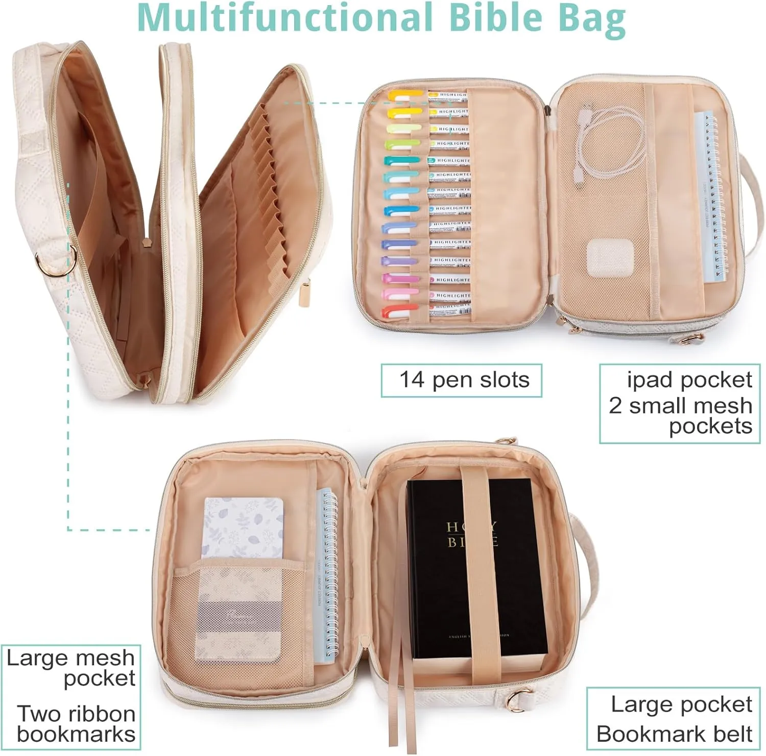 2 Compartment Bible Cover for Women,Large Bible Case with Handles Shoulder Strap,Carrying Bible Bag Scripture Case Church Bag Bible Protective with Pocket