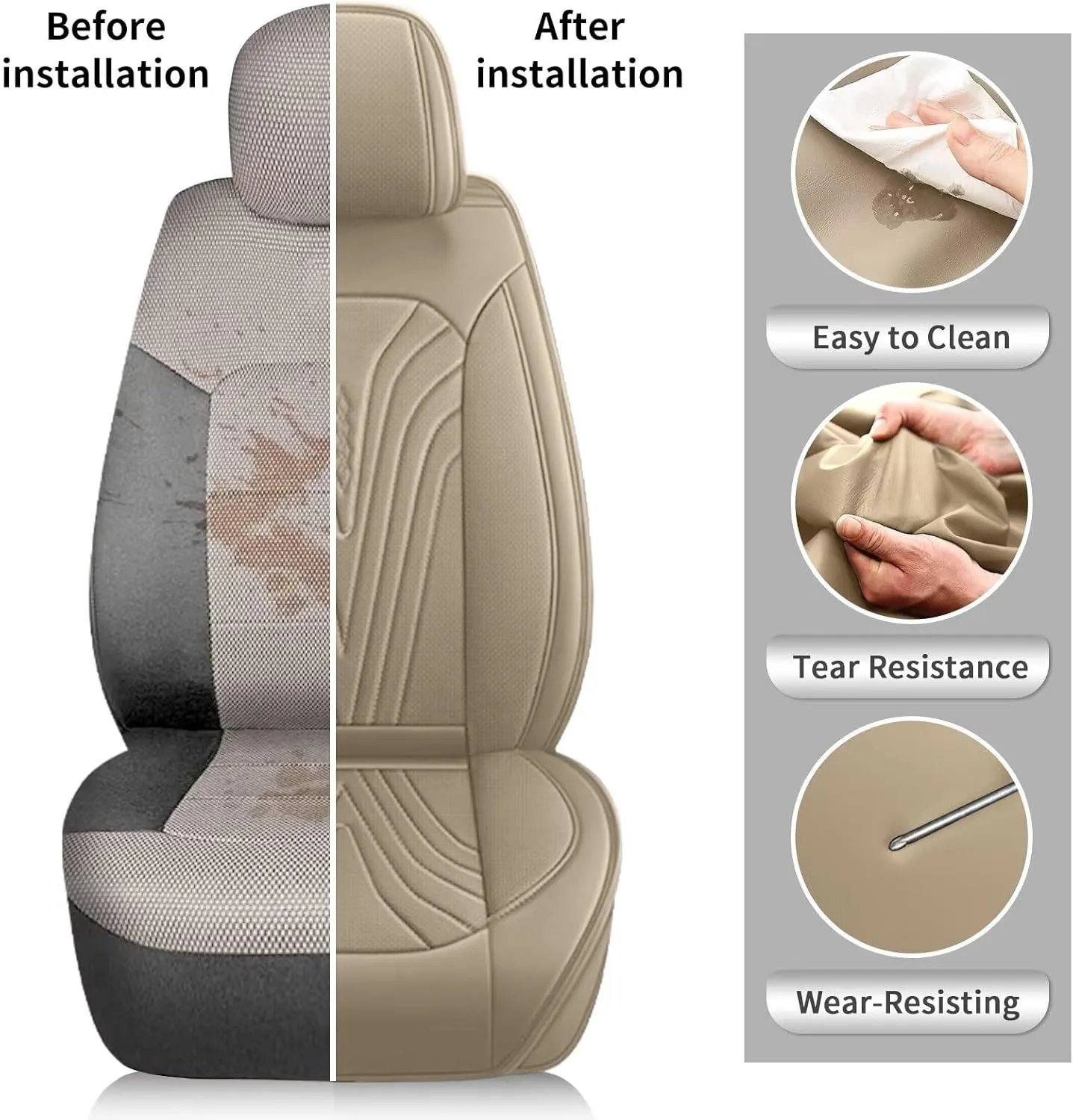 2 Front Seat Covers Fit for Honda Pilot 2005-2016: Waterproof Leather Car Seat Covers Breathable Automotive Seat Cushion Protector (2 Seats - Beige)