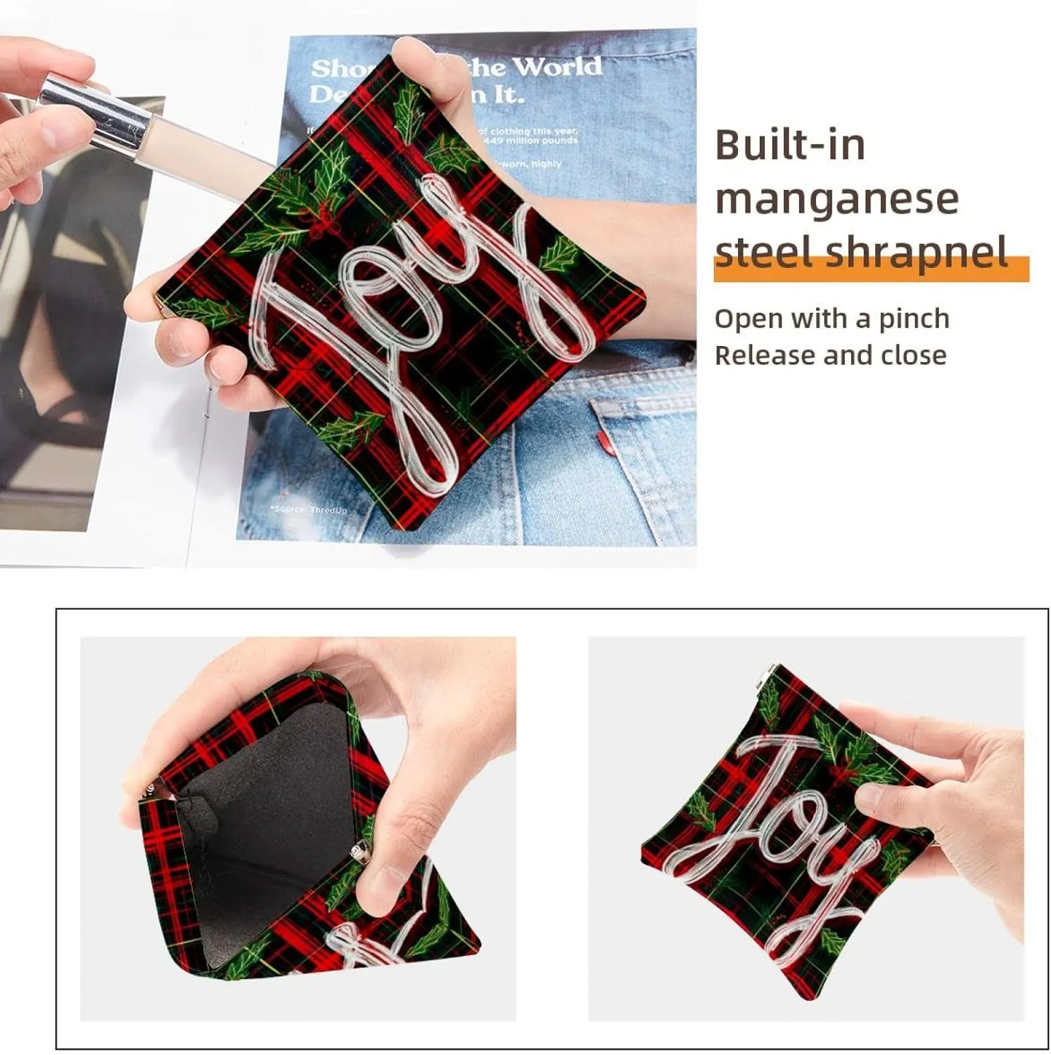 2 Pack Faux Leather Makeup Bag for Purse, Small Makeup Bag for Purse, Waterproof Mini Bag Purse, Travel Makeup Bag for Cosmetics Jewelry, Christmas Garland Joy