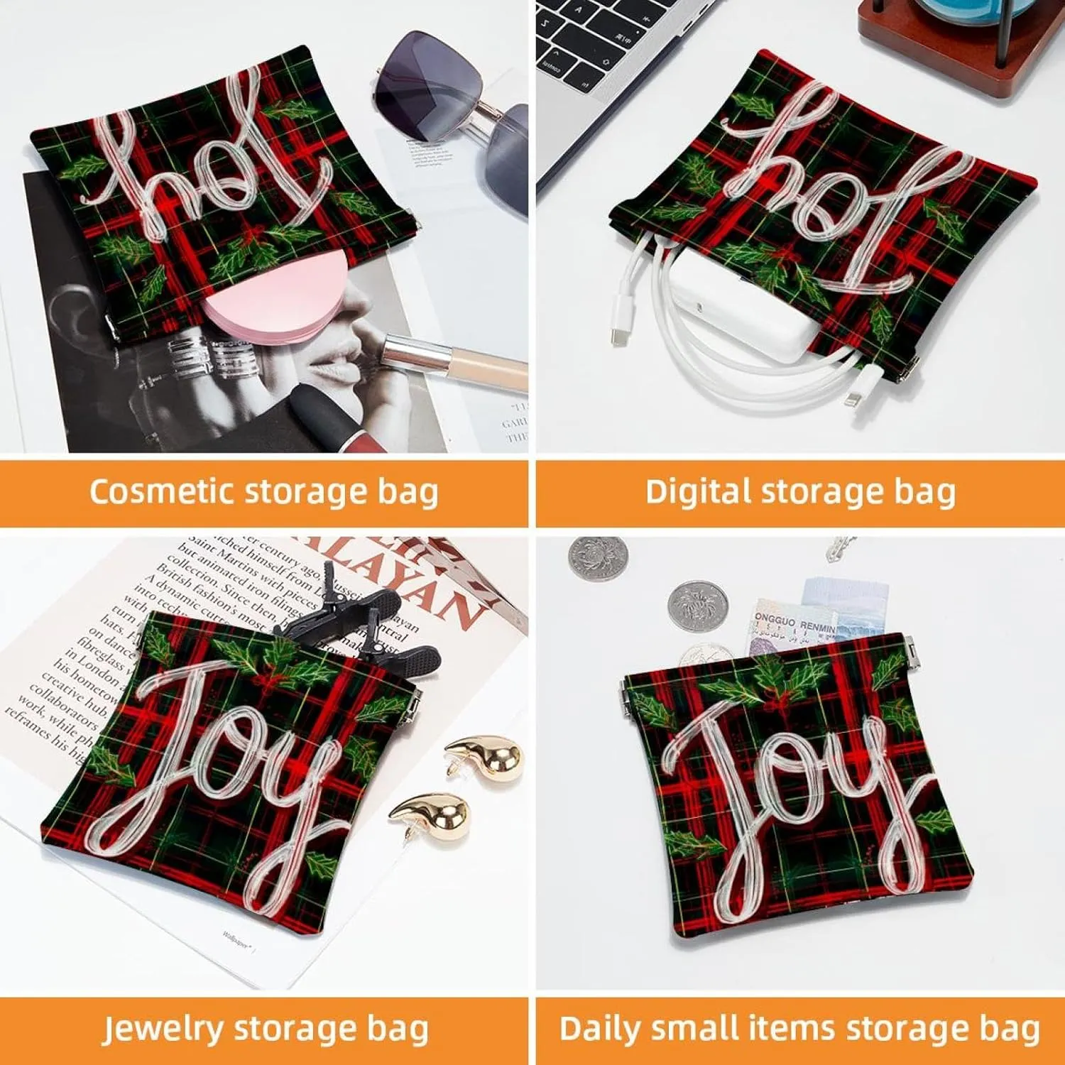 2 Pack Faux Leather Makeup Bag for Purse, Small Makeup Bag for Purse, Waterproof Mini Bag Purse, Travel Makeup Bag for Cosmetics Jewelry, Christmas Garland Joy