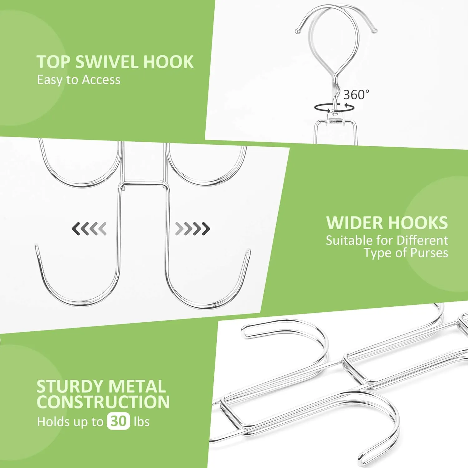 2 Pack Purse Hanger, Bag Organizer for Closet, Metal Handbag Holder Backpack Rack, Space Saving Hanger Closet Organizers and Storage, Silver