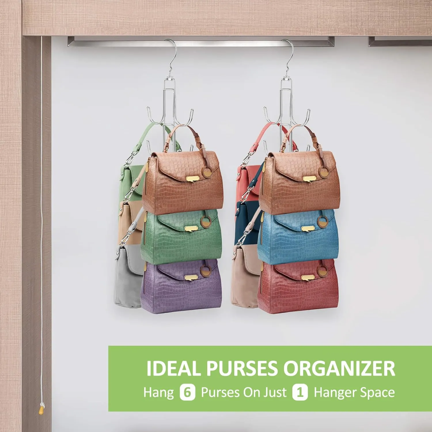 2 Pack Purse Hanger, Bag Organizer for Closet, Metal Handbag Holder Backpack Rack, Space Saving Hanger Closet Organizers and Storage, Silver