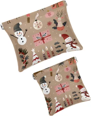 2 PCS Faux Leather Makeup Bag for Purse, Small Makeup Bag for Purse, Mini Makeup Bag, Portable Squeeze Top Cosmetic Bag, Christmas Cartoon Elk Snowman Snowflake