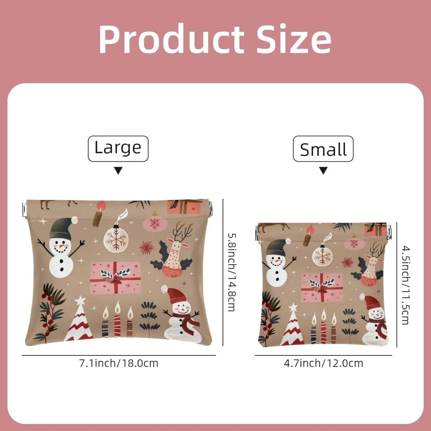 2 PCS Faux Leather Makeup Bag for Purse, Small Makeup Bag for Purse, Mini Makeup Bag, Portable Squeeze Top Cosmetic Bag, Christmas Cartoon Elk Snowman Snowflake