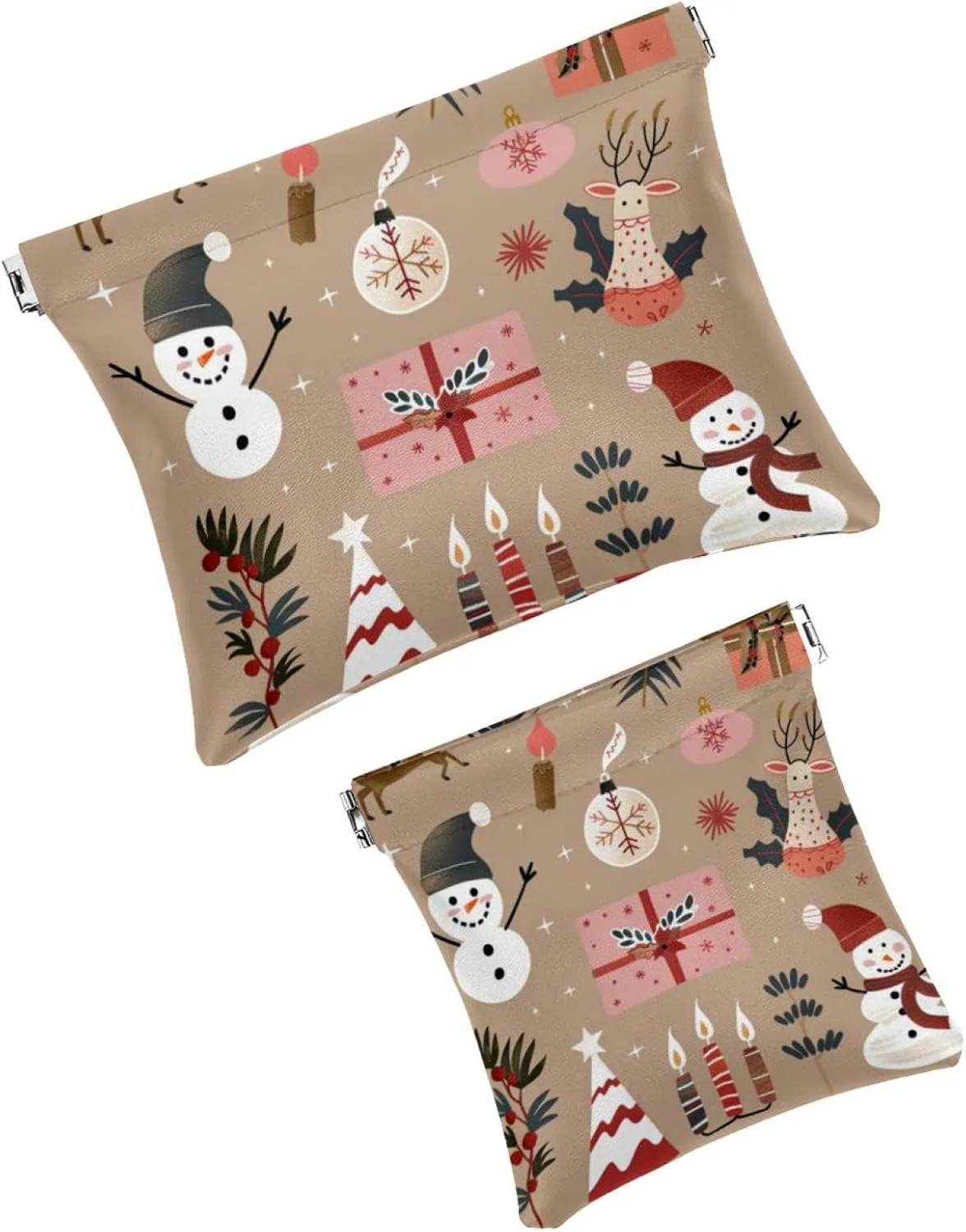 2 PCS Faux Leather Makeup Bag for Purse, Small Makeup Bag for Purse, Mini Makeup Bag, Portable Squeeze Top Cosmetic Bag, Christmas Cartoon Elk Snowman Snowflake