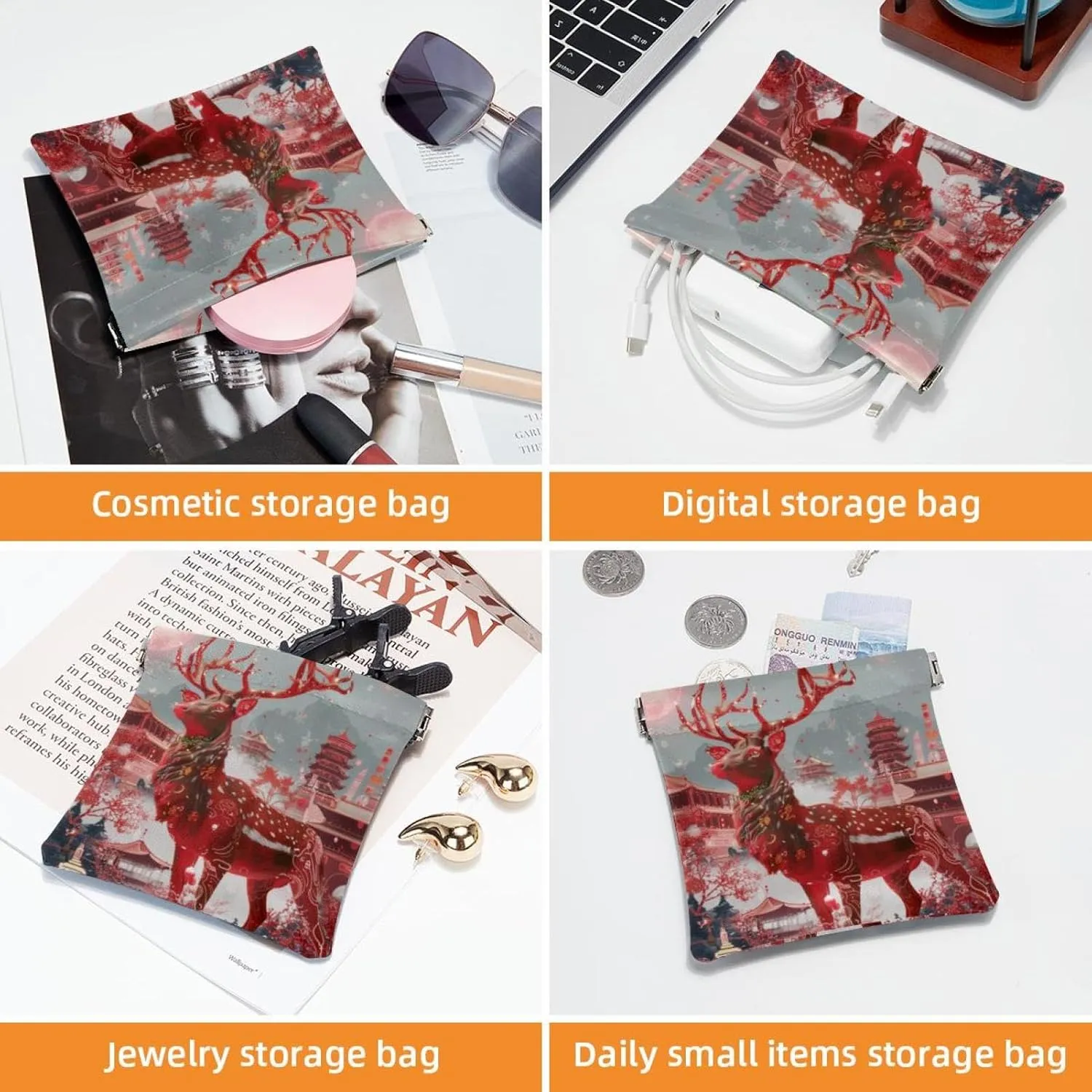 2 PCS Faux Leather Makeup Bag for Purse, Small Makeup Pouch Purse, Portable No Zipper Makeup Pouch, Travel Makeup Bag for Cosmetics Jewelry, Christmas Elk New Year