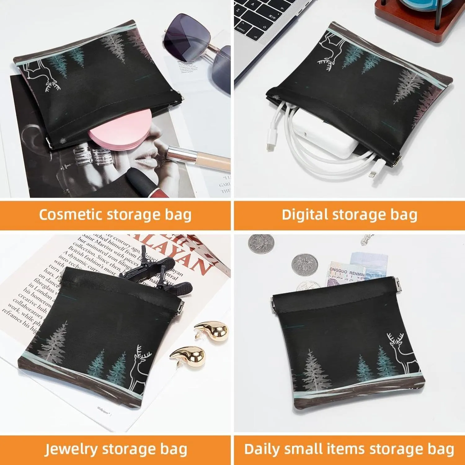 2 Pcs Faux Leather Makeup Bag for Purse, Small Travel Kit Storage Pouch, Waterproof Mini Bag Purse, Multifunctional Travel Storage Bag, Christmas Elk