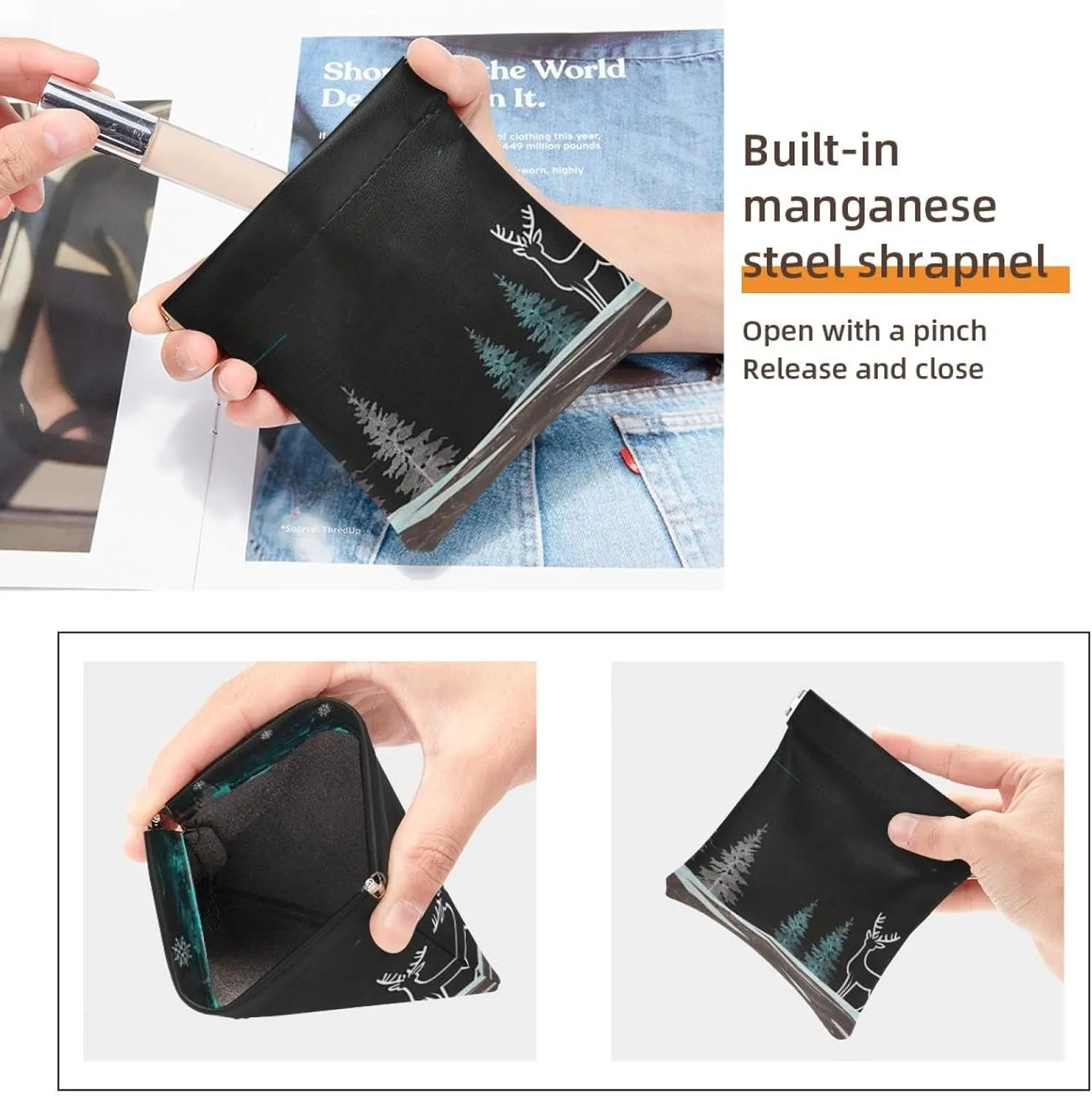 2 Pcs Faux Leather Makeup Bag for Purse, Small Travel Kit Storage Pouch, Waterproof Mini Bag Purse, Multifunctional Travel Storage Bag, Christmas Elk