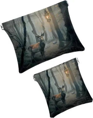 2 Piece Faux Leather Pocket Box, Small Makeup Bag for Purse, Mini Makeup Bag, Travel Makeup Bag for Cosmetics Jewelry, Forest Elk Fairytale