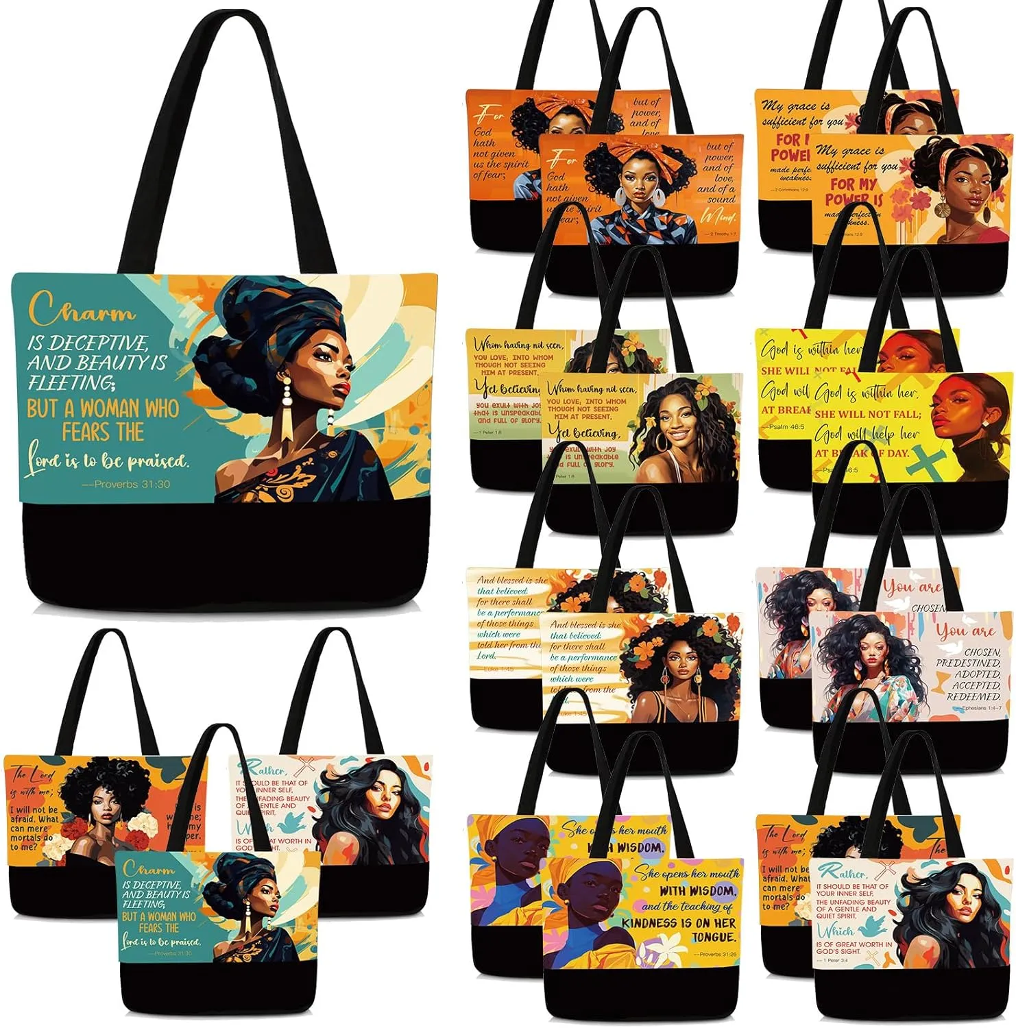20 Pcs Christian Canvas Tote Bag Gifts for Women African Queen Bible Religious Tote Bag Reusable Large Bible Verse Grocery Shopping Handbags for Women Christian