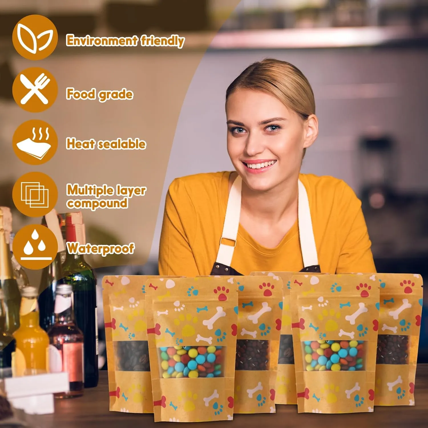 200 Pcs Paw Dog Treat Bags by Puppy's 3.5" x 5.5" Paw Gift Bags Resealable Stand up Kraft Paper Zip Pouches for Canine Delights, Food-safe Material (Brown)