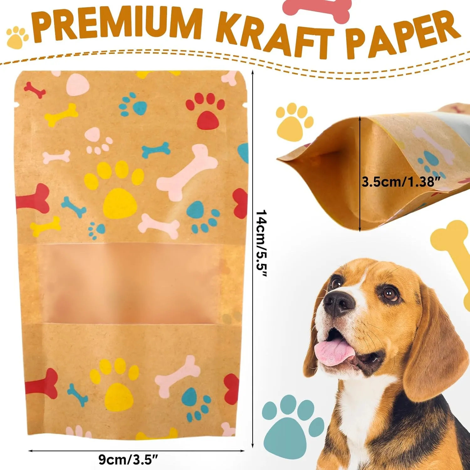 200 Pcs Paw Dog Treat Bags by Puppy's 3.5" x 5.5" Paw Gift Bags Resealable Stand up Kraft Paper Zip Pouches for Canine Delights, Food-safe Material (Brown)