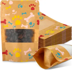 200 Pcs Paw Dog Treat Bags by Puppy's 3.5" x 5.5" Paw Gift Bags Resealable Stand up Kraft Paper Zip Pouches for Canine Delights, Food-safe Material (Brown)