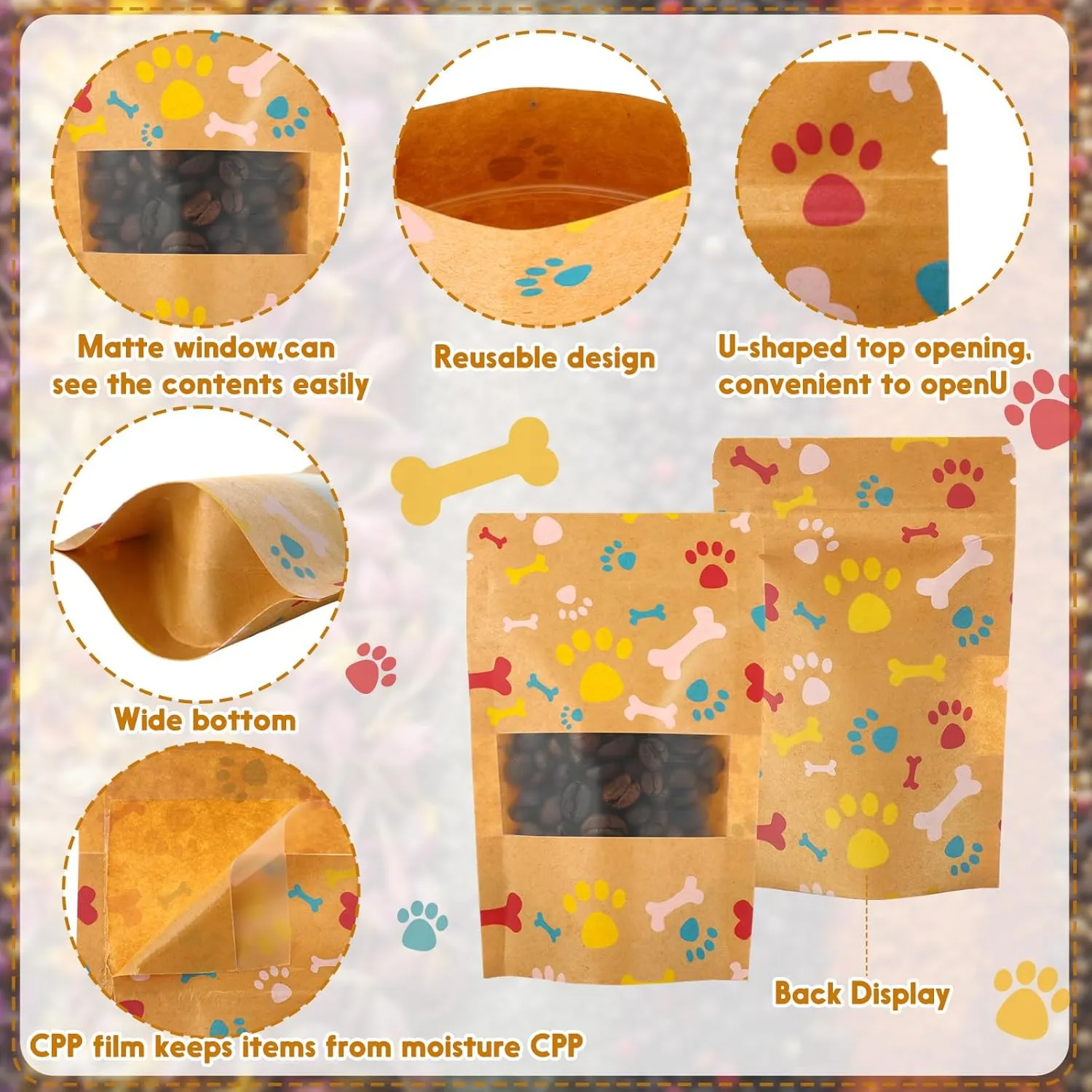 200 Pcs Paw Dog Treat Bags by Puppy's 3.5" x 5.5" Paw Gift Bags Resealable Stand up Kraft Paper Zip Pouches for Canine Delights, Food-safe Material (Brown)