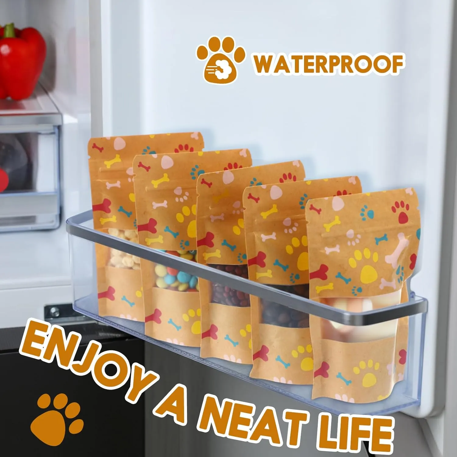 200 Pcs Paw Dog Treat Bags by Puppy's 3.5" x 5.5" Paw Gift Bags Resealable Stand up Kraft Paper Zip Pouches for Canine Delights, Food-safe Material (Brown)