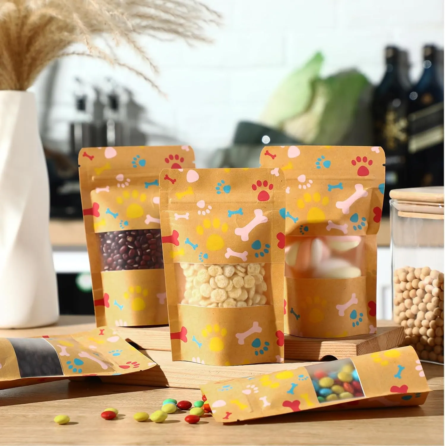 200 Pcs Paw Dog Treat Bags by Puppy's 3.5" x 5.5" Paw Gift Bags Resealable Stand up Kraft Paper Zip Pouches for Canine Delights, Food-safe Material (Brown)