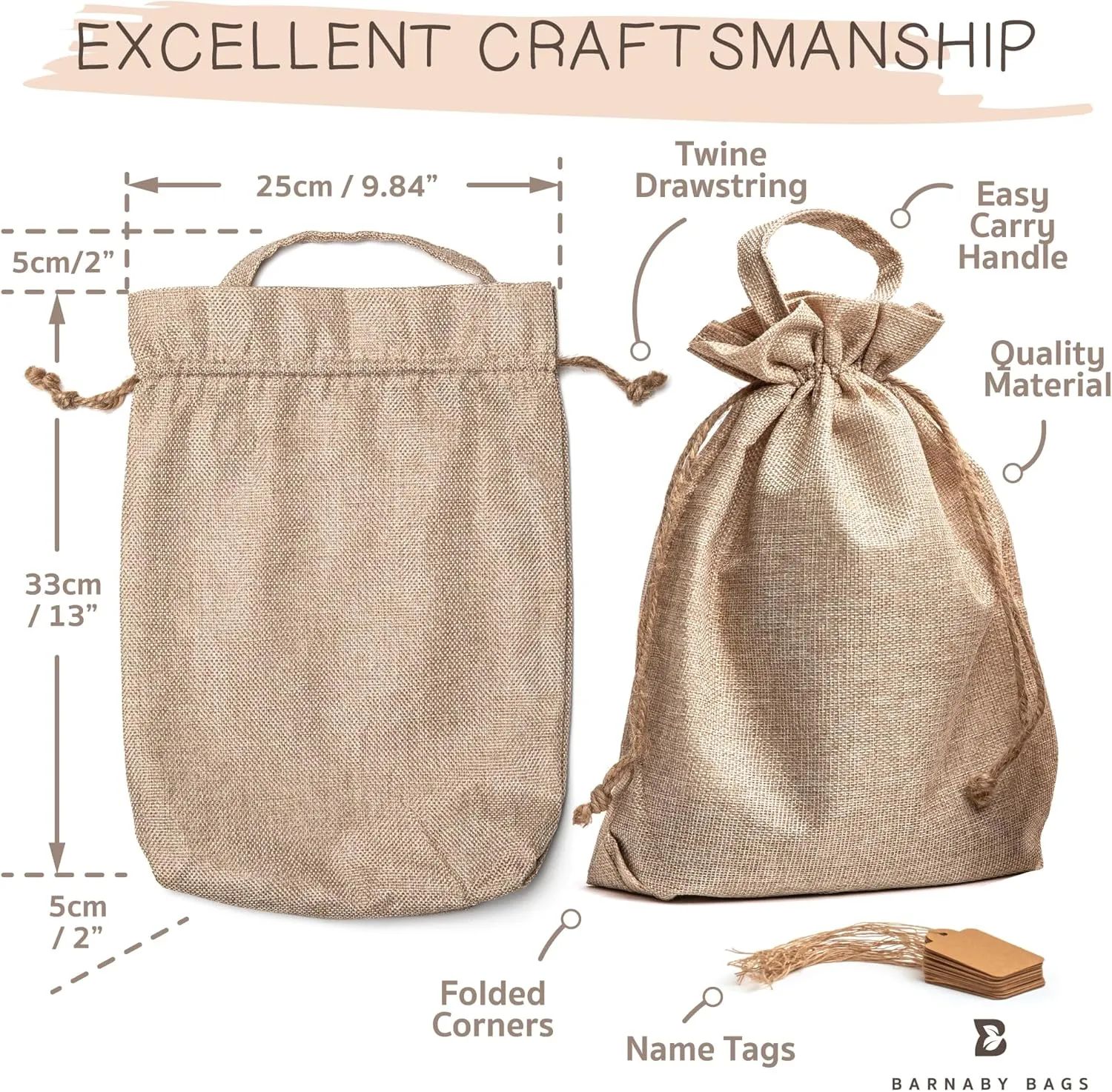 24 pk - Burlap Bags with Drawstring & Labels - Multi-Use 10" x 13" x 2" Jute Bags with Handles for Wedding, Party Favors, Diy Craft, Grocery, Household, Kitchen Storage - Rustic Burlap Gift Bags