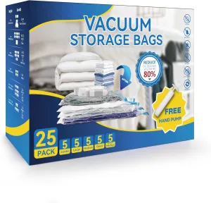 25 Pack Vacuum Storage Bags (5 Jumbo/5 Large/5 Medium/5 Small/5 Roll M) Space Saver Bags, Vacuum Seal Bags with Hand Pump for Comforters, Blankets, Bedding, Pillows and Clothes