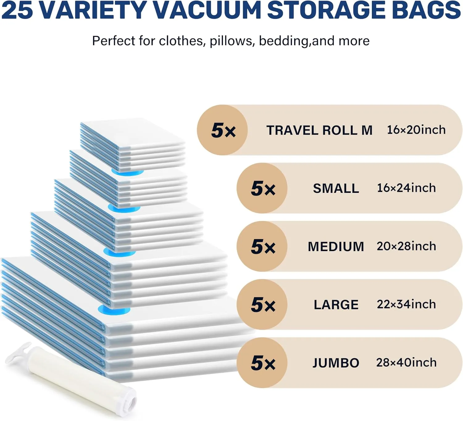 25 Pack Vacuum Storage Bags (5 Jumbo/5 Large/5 Medium/5 Small/5 Roll M) Space Saver Bags, Vacuum Seal Bags with Hand Pump for Comforters, Blankets, Bedding, Pillows and Clothes