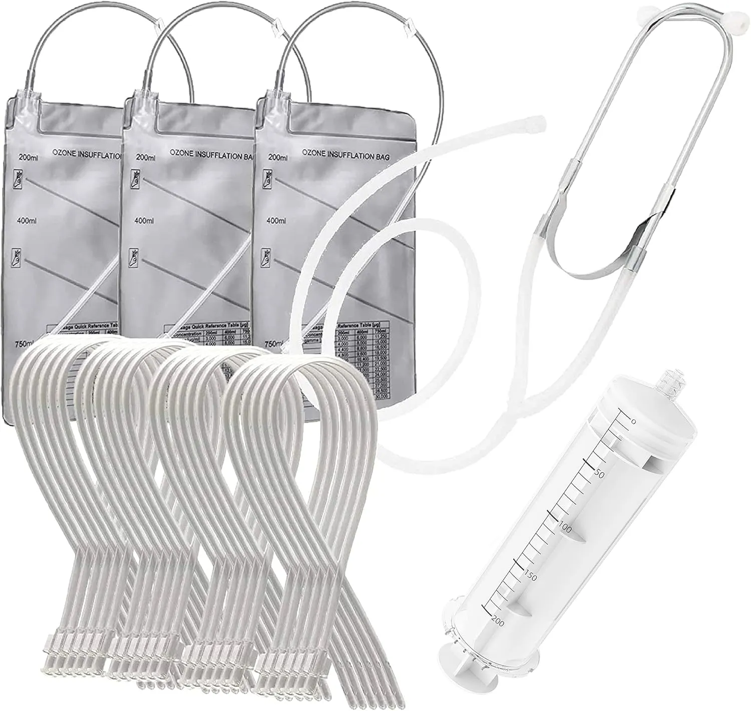 25-Piece Ozone Therapy Set - Ozone-Resistant Luer Lock Applicators (20 Pack), Earscope, Syringe, & 3-Chambered Insufflation Bag (3 Pack) - Compatible with Ozone Generator or Female Luer Lock