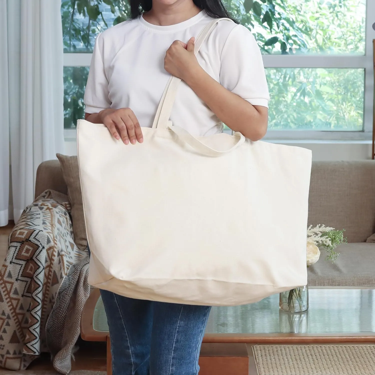 27 Inch Extra Large Canvas Shopping Bags Jumbo Heavy Duty Reusable Grocery Bags Bulk Blank Tote Bags with Double Handle